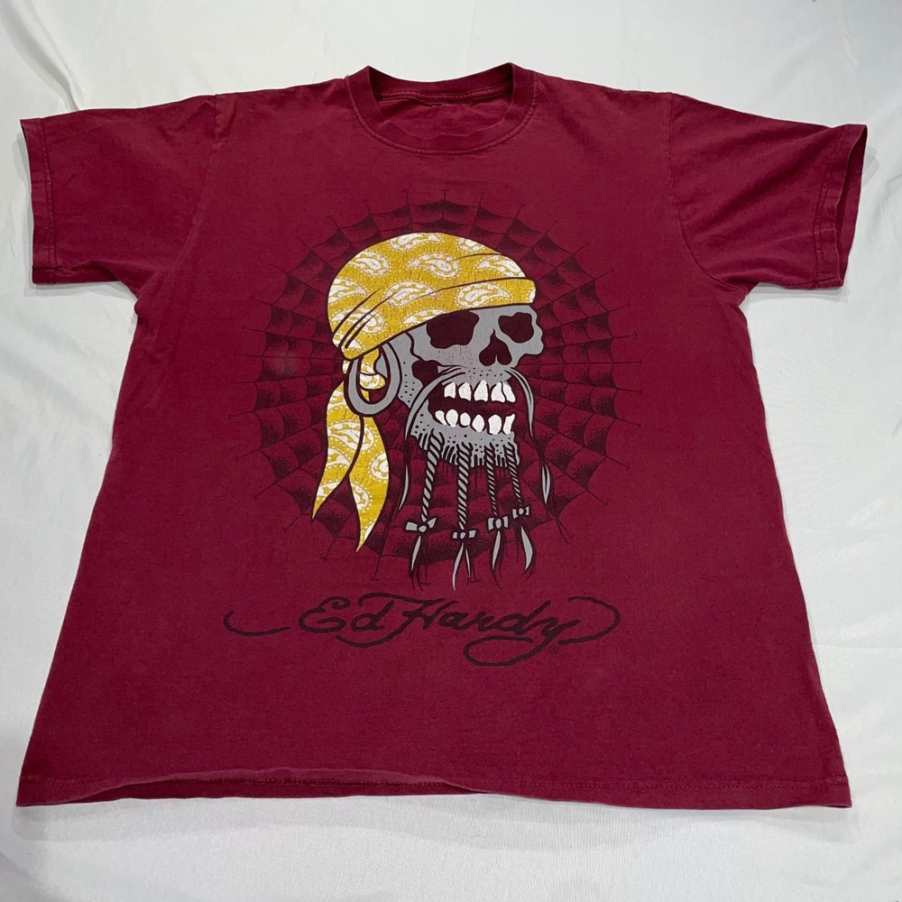Ed Hardy Mens Skull Graphic T-Shirt Maroon Red Pirate Bandana Y2K Streetwear L
